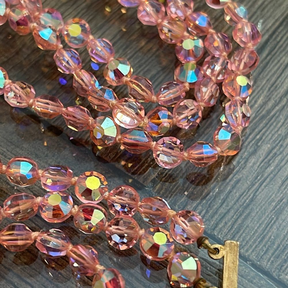 Vintage Three Strand Pink AB Crystal Necklace - Choker - Picture 12 of 16